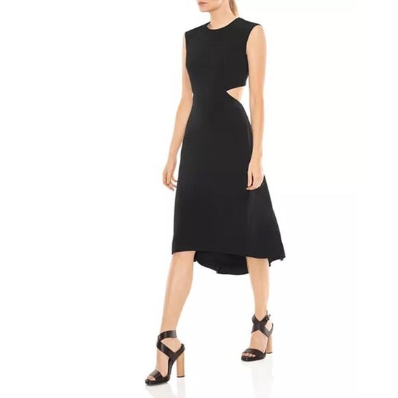 Halston Cutout Crepe Dress Size 8 Black Midi Sleeveless Classic LBD Designer - Picture 6 of 14